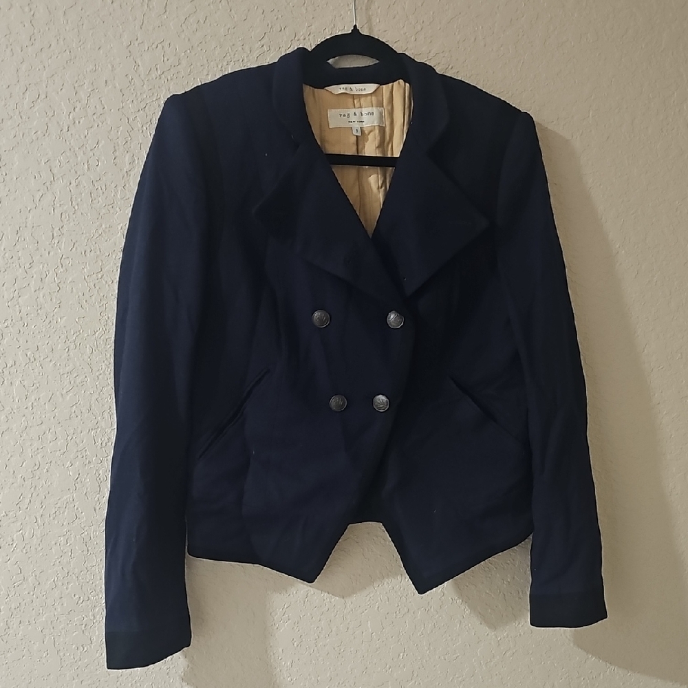 Rag And Bone Wool Navy Double Breasted Cropped Blazer